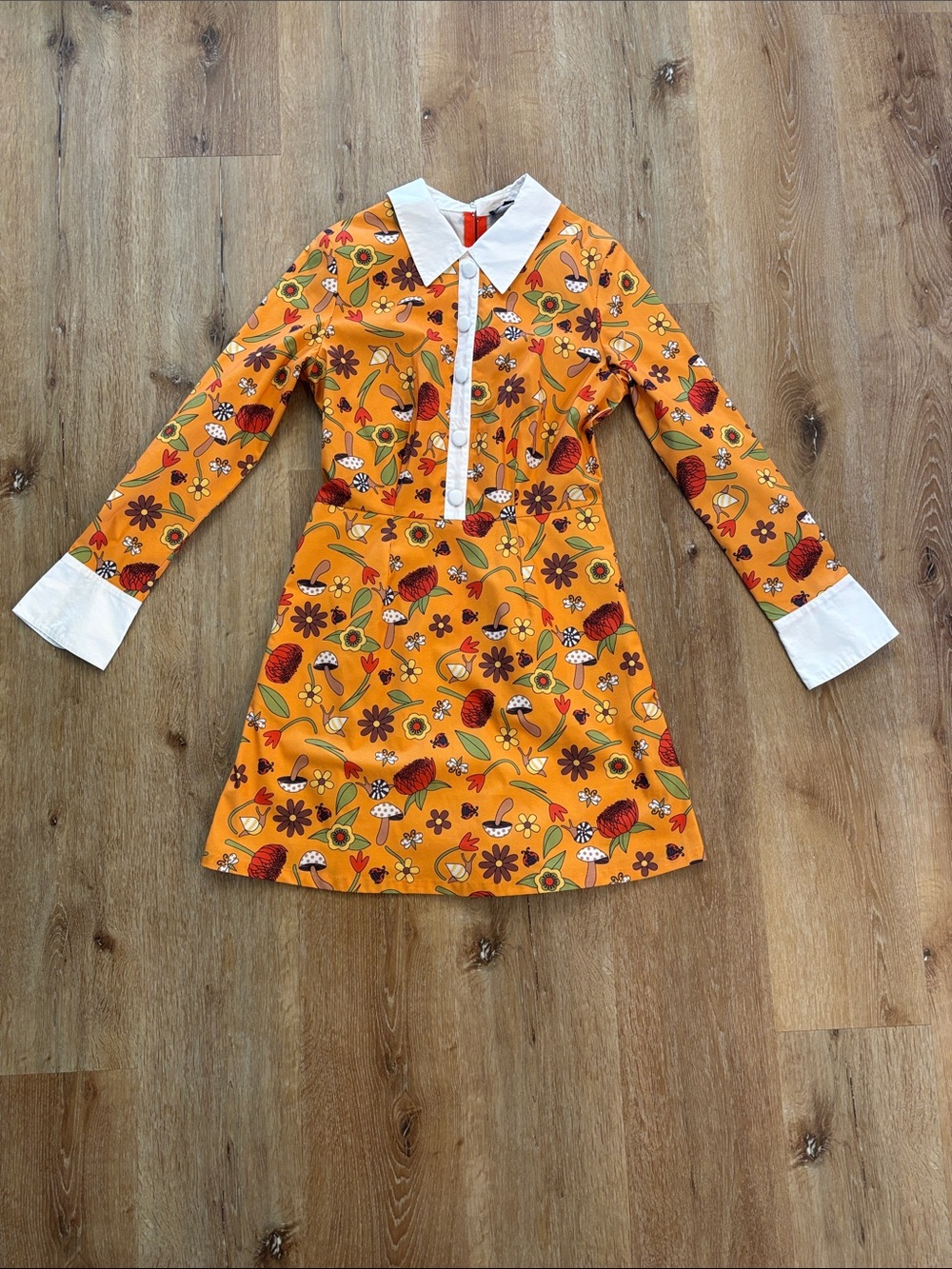 Smak parlour Orange Floral A-Line Dress with White Collar